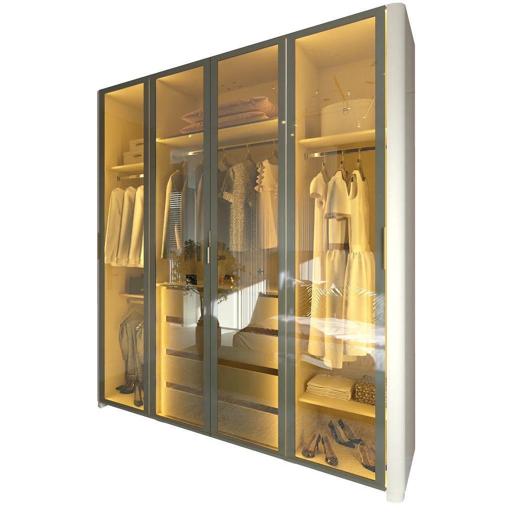 Guarda Roupa Roupeiro Gelius Innova 4 portas reflecta 4 gavetas canto curvos LED pés OFF White