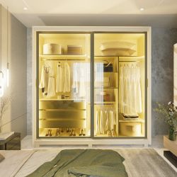 Guarda Roupas de Casal Gelius Platinum 2 portas com vidro reflecta de correr 3 gavetas LED e pés OFF White