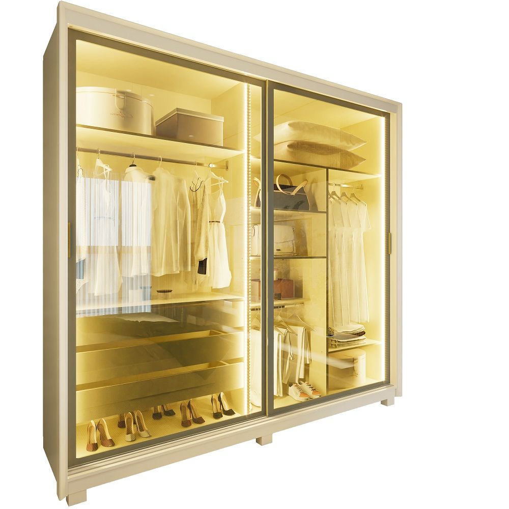 Guarda Roupas de Casal Gelius Platinum 2 portas com vidro reflecta de correr 3 gavetas LED e pés OFF White