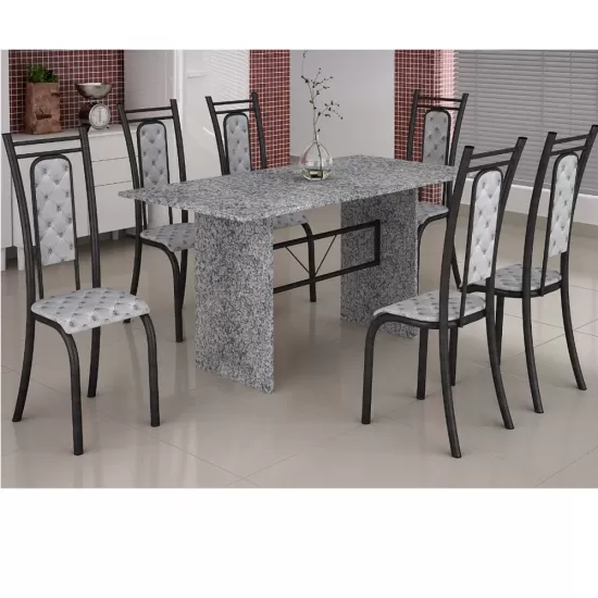 Conjunto de Mesa Teixeira tampo e pés de granito ocre com 6 cadeiras craqueadas - Preto