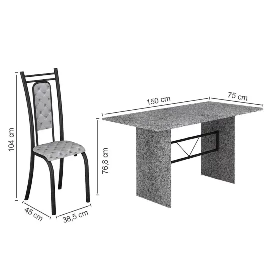 Conjunto de Mesa Teixeira tampo e pés de granito ocre com 6 cadeiras craqueadas - Preto