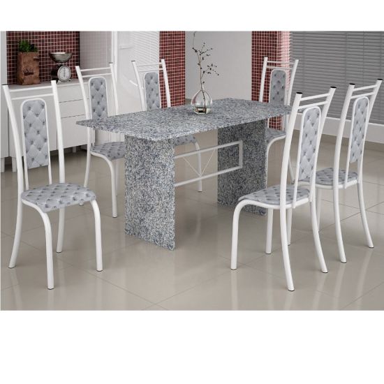 Conjunto de Mesa Teixeira tampo e pés de granito ocre com 6 cadeiras - Branco