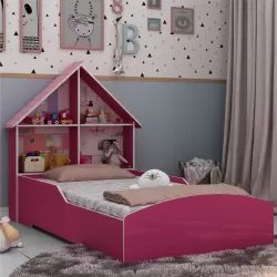 Cama Infantil com proteção lateral e cabeceira casinha casinha Gelius  100% MDF  - Pink Ploc