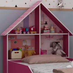 Cama Infantil com proteção lateral e cabeceira casinha casinha Gelius  100% MDF  - Pink Ploc