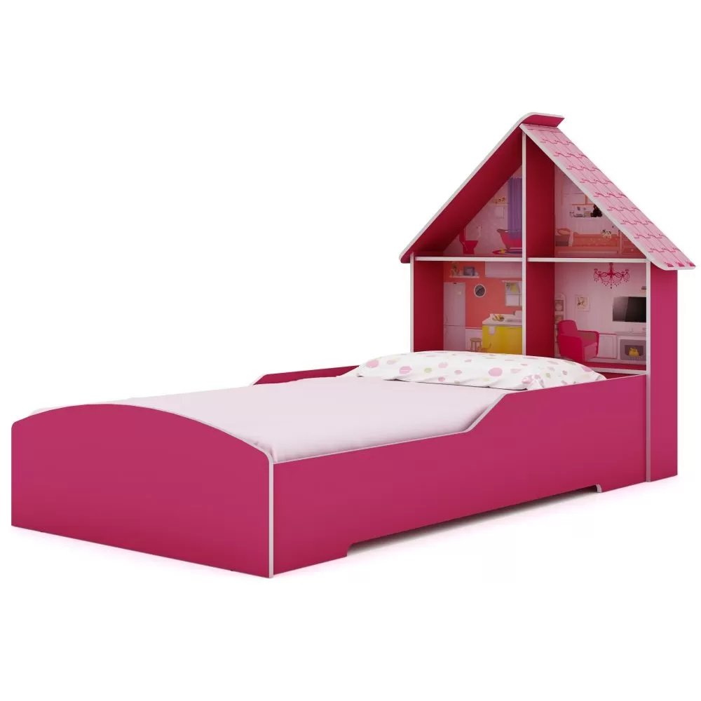 Cama Infantil com proteção lateral e cabeceira casinha casinha Gelius  100% MDF  - Pink Ploc