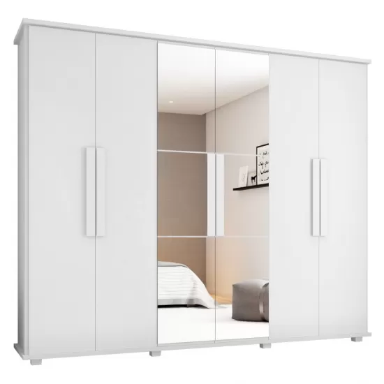 Guarda Roupa Casal com 271 cm de Largura 6 portas Espelho e 4 Gavetas Canadá RV Móveis - Branco
