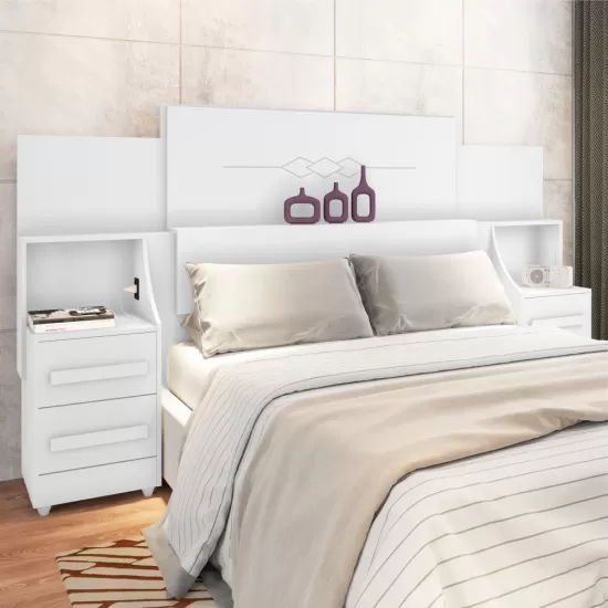 Cabeceira para cama box Casal/Queen/King RV Móveis com 02 mesas de cabeceira com tomada - Branco