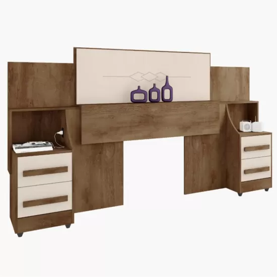 Cabeceira para cama box Casal/Queen/King RV Móveis com 02 mesas de cabeceira com tomada Freijó/OFF White