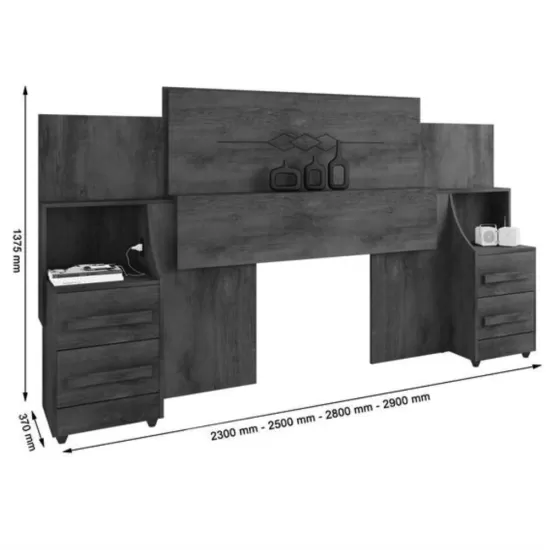 Cabeceira para cama box Casal/Queen/King RV Móveis com 02 mesas de cabeceira com tomada Freijó/OFF White