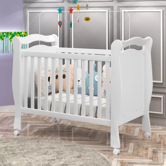 Berço Mini Cama J&A Móveis Alvin padrão Americano com rodízios – Branco