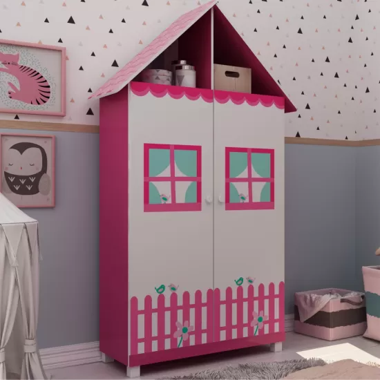 Guarda Roupa Solteiro infantil Casinha com 121,5 cm de Largura 2 portas 2 gavetas – Pink Ploc