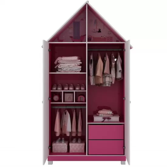 Guarda Roupa Solteiro infantil Casinha com 121,5 cm de Largura 2 portas 2 gavetas – Pink Ploc