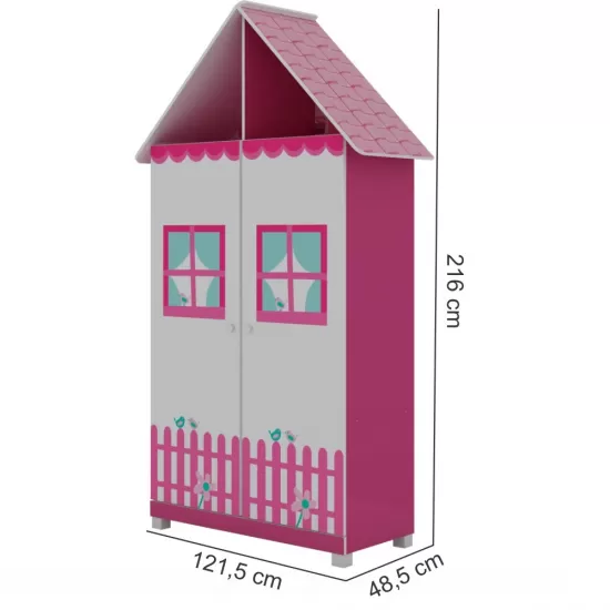 Guarda Roupa Solteiro infantil Casinha com 121,5 cm de Largura 2 portas 2 gavetas – Pink Ploc