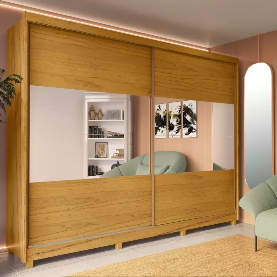 Guarda Roupa Casal Gelius Apolo 100% MDF com 277,8 cm de Largura 2 Portas de correr com espelho e 7 gavetas - Naturale/Naturale Off