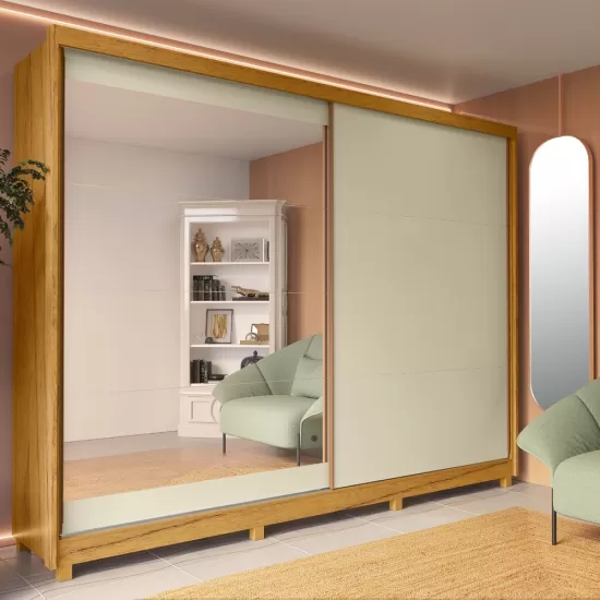 Guarda Roupa Casal Gelius Apolo 100% MDF com 277,8 cm de Largura 2 Portas de correr com espelho e 7 gavetas - Naturale/Naturale Off