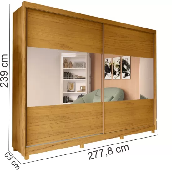 Guarda Roupa Casal Gelius Apolo 100% MDF com 277,8 cm de Largura 2 Portas de correr com espelho e 7 gavetas - Naturale/Naturale Off