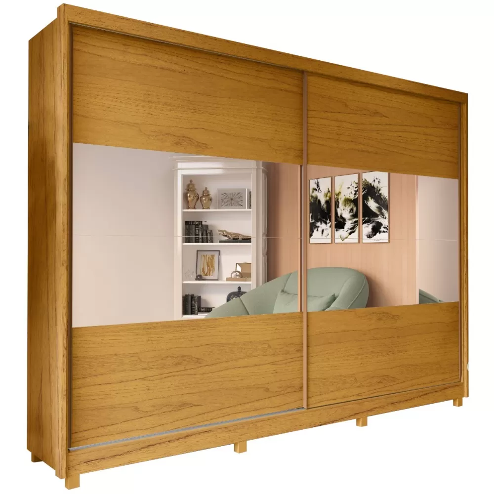 Guarda Roupa Casal Gelius Apolo 100% MDF com 277,8 cm de Largura 2 Portas de correr com espelho e 7 gavetas - Naturale/Naturale Off