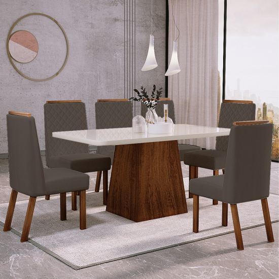 Mesa de Jantar com 6 Cadeiras amendoa Off white