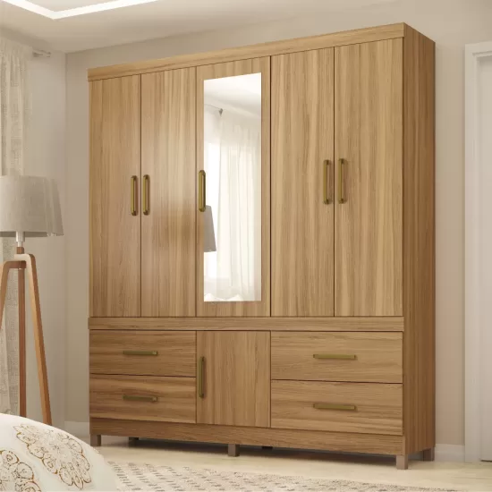 Guarda-Roupa Casal Demóbile Guarujá com 192 cm Largura 6 portas 4 gavetas com espelho e pés Amendola Touch 134