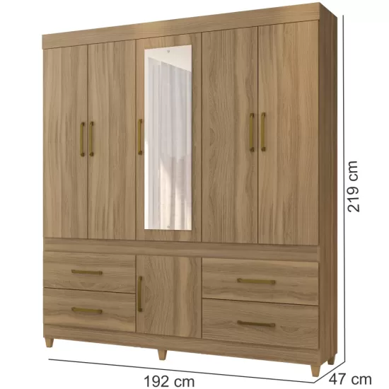 Guarda-Roupa Casal Demóbile Guarujá com 192 cm Largura 6 portas 4 gavetas com espelho e pés Amendola Touch 134