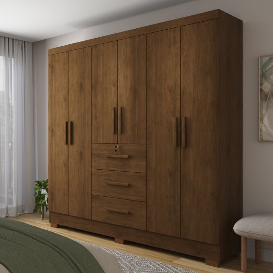 Guarda Roupa Roupeiro de Casal J&A Móveis Tokio com 185 cm de Largura 6 portas 3 gavetas com chave e pés Jequitibá