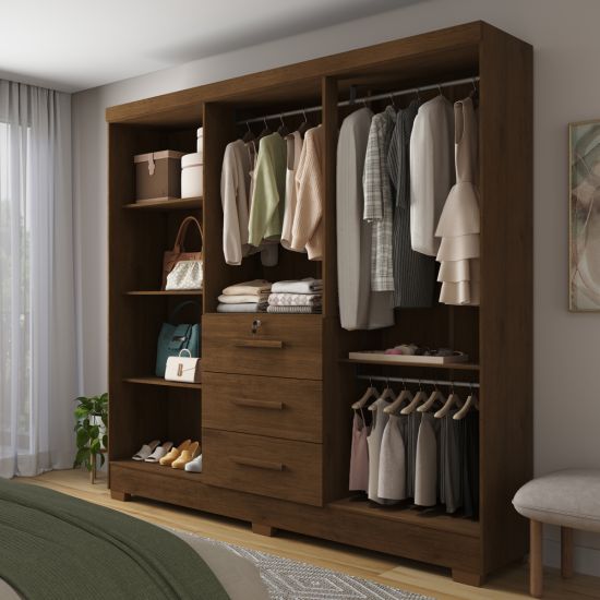 Guarda Roupa Roupeiro de Casal J&A Móveis Tokio com 185 cm de Largura 6 portas 3 gavetas com chave e pés Jequitibá