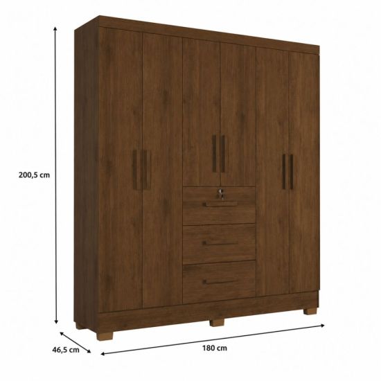 Guarda Roupa Roupeiro de Casal J&A Móveis Tokio com 185 cm de Largura 6 portas 3 gavetas com chave e pés Jequitibá