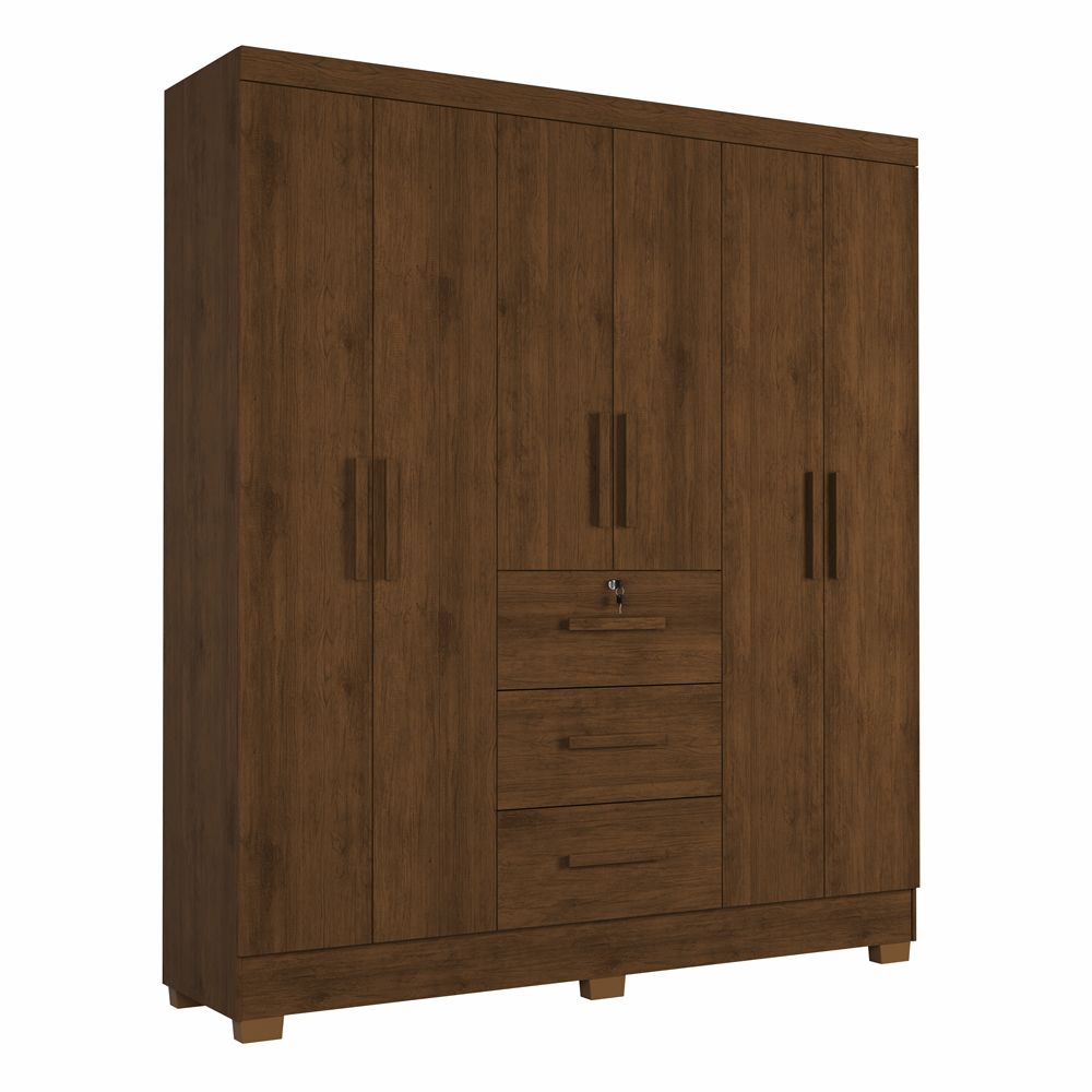Guarda Roupa Roupeiro de Casal J&A Móveis Tokio com 185 cm de Largura 6 portas 3 gavetas com chave e pés Jequitibá