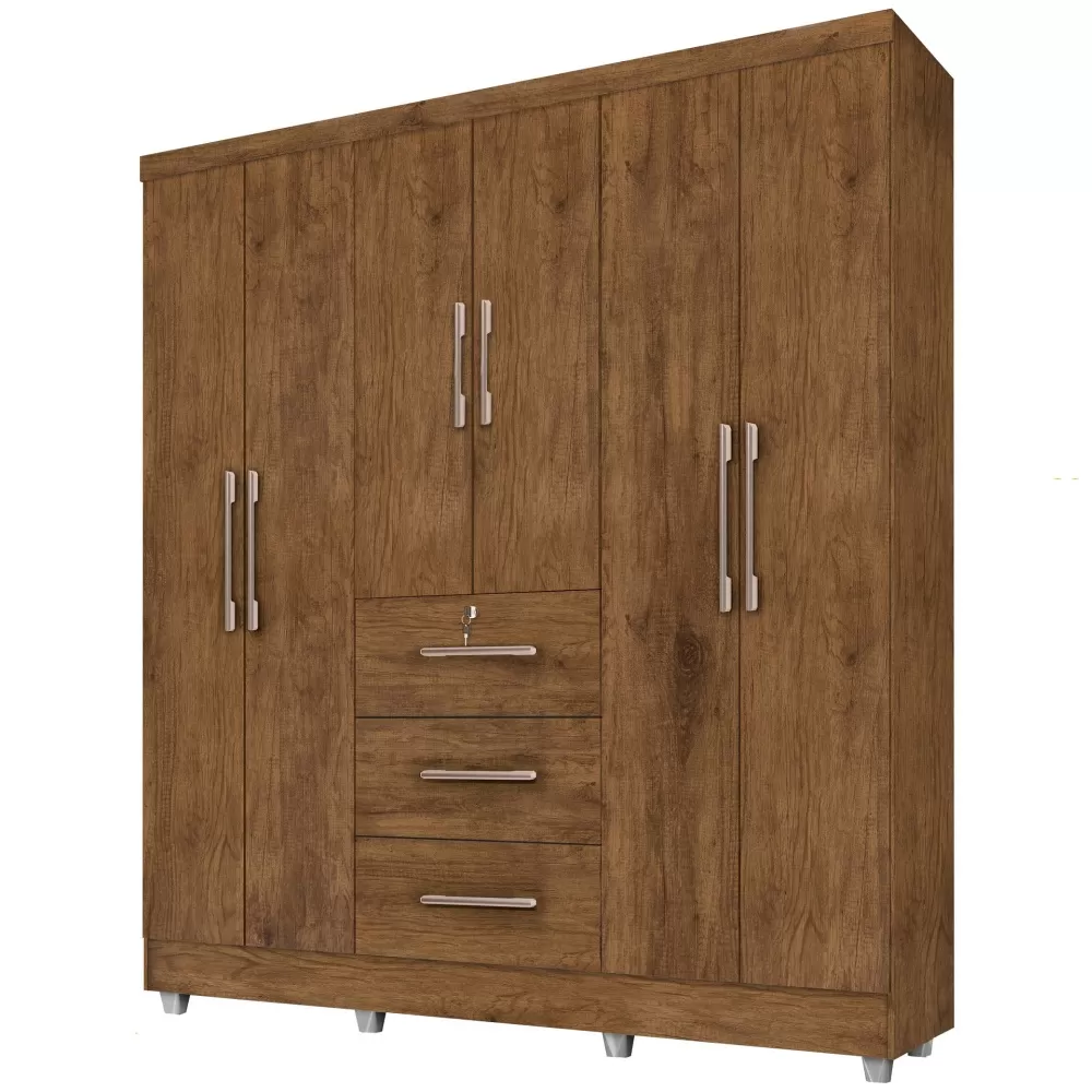 Guarda Roupa Roupeiro de Casal J&A Móveis Tokio com 185 cm de Largura 6 portas 3 gavetas com chave e pés Jequitibá
