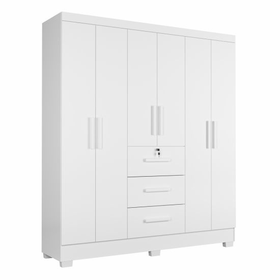 Guarda Roupa Roupeiro de Casal J&A Móveis Tokio com 185 cm de Largura 6 portas 3 gavetas com chave e pés Branco