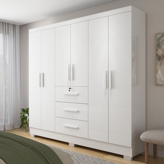 Guarda Roupa Roupeiro de Casal J&A Móveis Tokio com 185 cm de Largura 6 portas 3 gavetas com chave e pés Branco