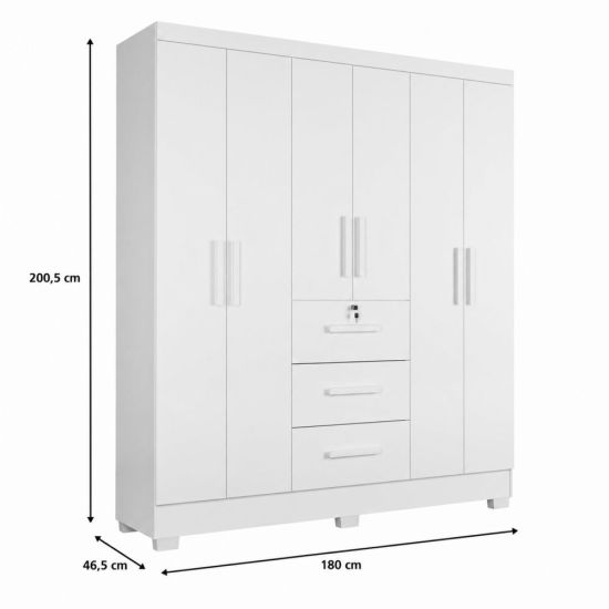 Guarda Roupa Roupeiro de Casal J&A Móveis Tokio com 185 cm de Largura 6 portas 3 gavetas com chave e pés Branco
