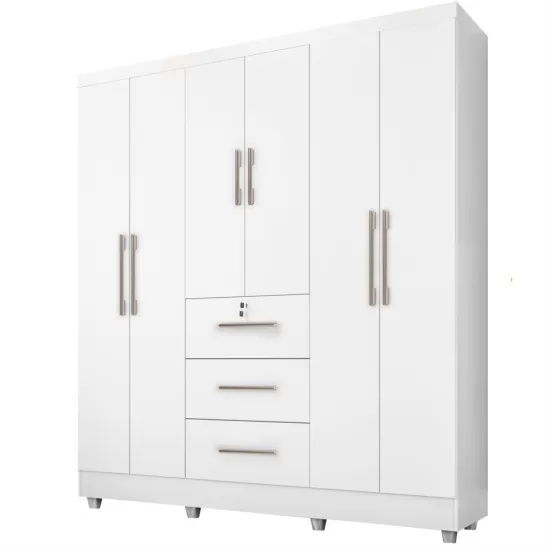 Guarda Roupa Roupeiro de Casal J&A Móveis Tokio com 185 cm de Largura 6 portas 3 gavetas com chave e pés Branco