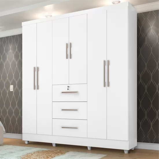 Guarda Roupa Roupeiro de Casal J&A Móveis Tokio com 185 cm de Largura 6 portas 3 gavetas com chave e pés Branco