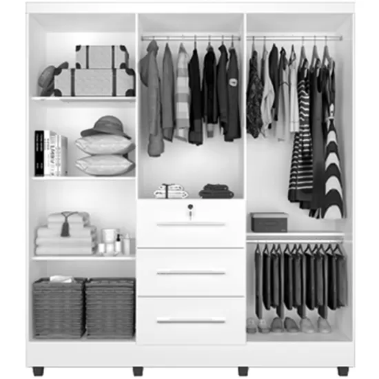 Guarda Roupa Roupeiro de Casal J&A Móveis Tokio com 185 cm de Largura 6 portas 3 gavetas com chave e pés Branco