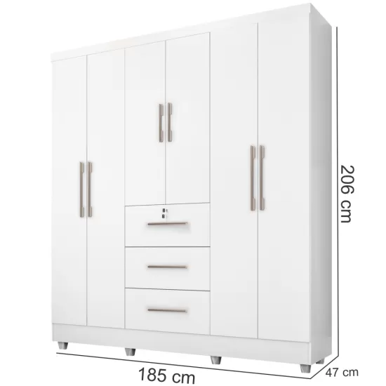 Guarda Roupa Roupeiro de Casal J&A Móveis Tokio com 185 cm de Largura 6 portas 3 gavetas com chave e pés Branco