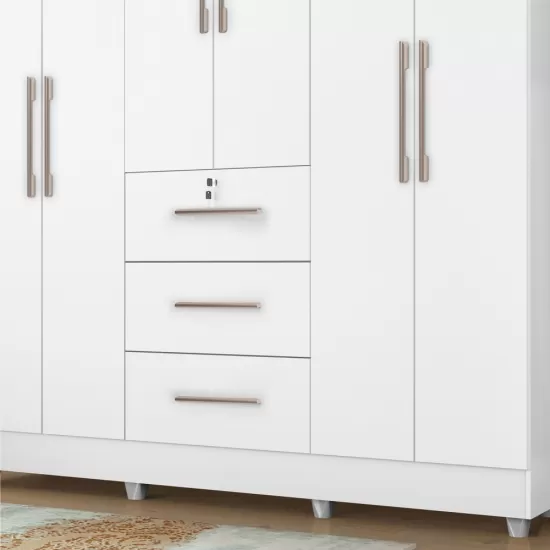 Guarda Roupa Roupeiro de Casal J&A Móveis Tokio com 185 cm de Largura 6 portas 3 gavetas com chave e pés Branco