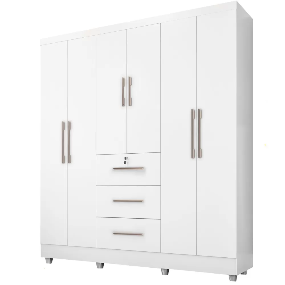 Guarda Roupa Roupeiro de Casal J&A Móveis Tokio com 185 cm de Largura 6 portas 3 gavetas com chave e pés Branco