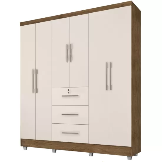 Guarda Roupa Roupeiro de Casal J&A Móveis Tokio com 185 cm de Largura 6 portas 3 gavetas com chave e pés Jequitibá Off White