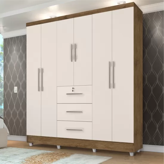 Guarda Roupa Roupeiro de Casal J&A Móveis Tokio com 185 cm de Largura 6 portas 3 gavetas com chave e pés Jequitibá Off White