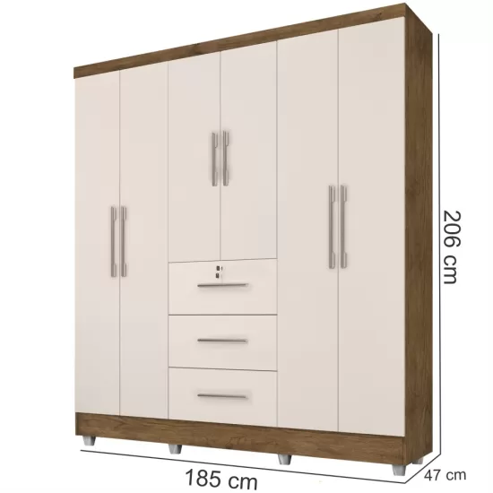 Guarda Roupa Roupeiro de Casal J&A Móveis Tokio com 185 cm de Largura 6 portas 3 gavetas com chave e pés Jequitibá Off White