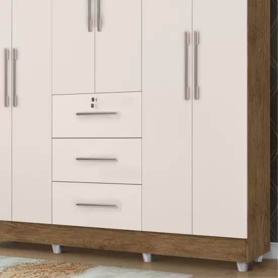 Guarda Roupa Roupeiro de Casal J&A Móveis Tokio com 185 cm de Largura 6 portas 3 gavetas com chave e pés Jequitibá Off White