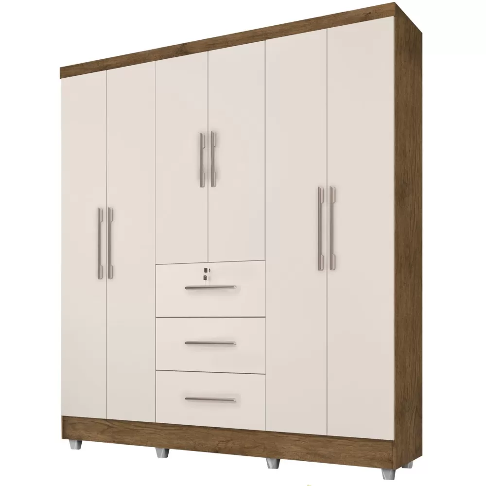 Guarda Roupa Roupeiro de Casal J&A Móveis Tokio com 185 cm de Largura 6 portas 3 gavetas com chave e pés Jequitibá Off White