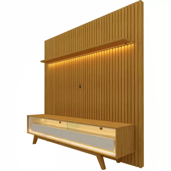 Painel Gelius Nobre com ripas autênticas e Rack requinte com LED  100% MDF largura 185 cm para TV de 75 polegadas Naturale/OFF White 