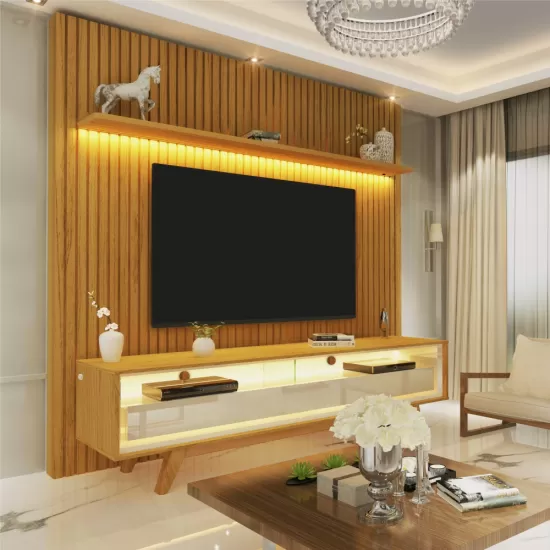 Painel Gelius Nobre com ripas autênticas e Rack requinte com LED  100% MDF largura 185 cm para TV de 75 polegadas Naturale/OFF White 