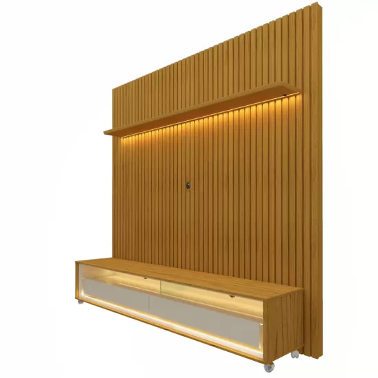 Painel Gelius Nobre com ripas autênticas e Rack requinte com LED  100% MDF largura 185 cm para TV de 75 polegadas Naturale/OFF White 