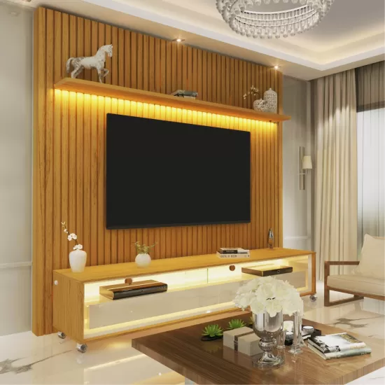 Painel Gelius Nobre com ripas autênticas e Rack requinte com LED  100% MDF largura 185 cm para TV de 75 polegadas Naturale/OFF White 