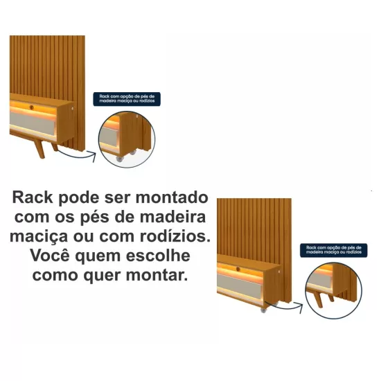Painel Gelius Nobre com ripas autênticas e Rack requinte com LED  100% MDF largura 185 cm para TV de 75 polegadas Naturale/OFF White 