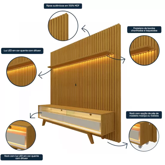 Painel Gelius Nobre com ripas autênticas e Rack requinte com LED  100% MDF largura 185 cm para TV de 75 polegadas Naturale/OFF White 