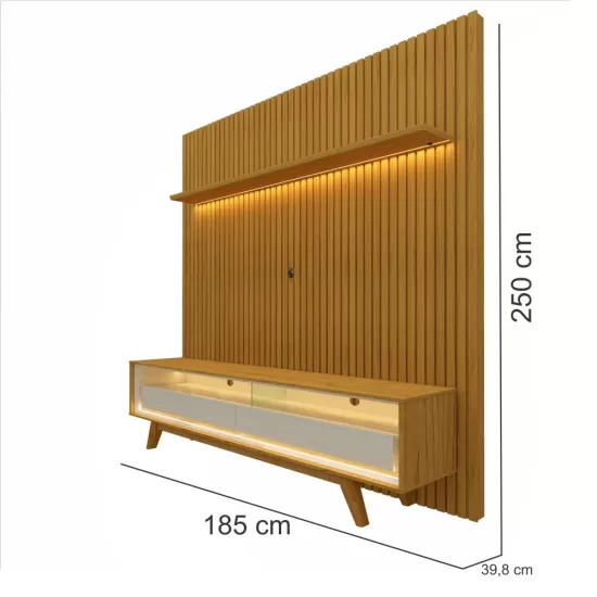 Painel Gelius Nobre com ripas autênticas e Rack requinte com LED  100% MDF largura 185 cm para TV de 75 polegadas Naturale/OFF White 
